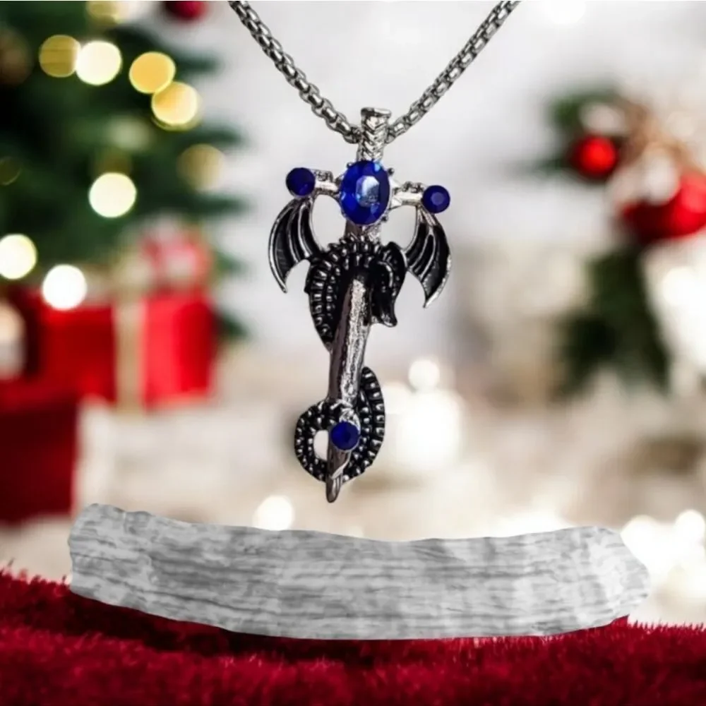 Dragon Cross Sword Necklace Blue Stone Medieval Fantasy Gothic Silver Unisex 24